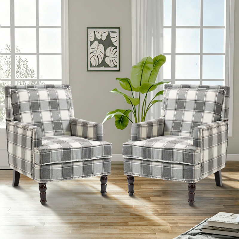 27.1'' Wide Transitional Upholstered Armchair (Set Of 2), Gray Check
