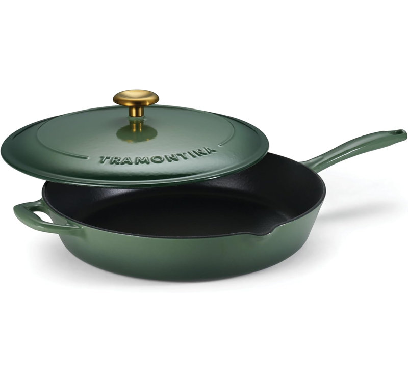 Tramontina Bestow Enameled Cast Iron Skillet with Lid, 12-inch Frying Pan, Green