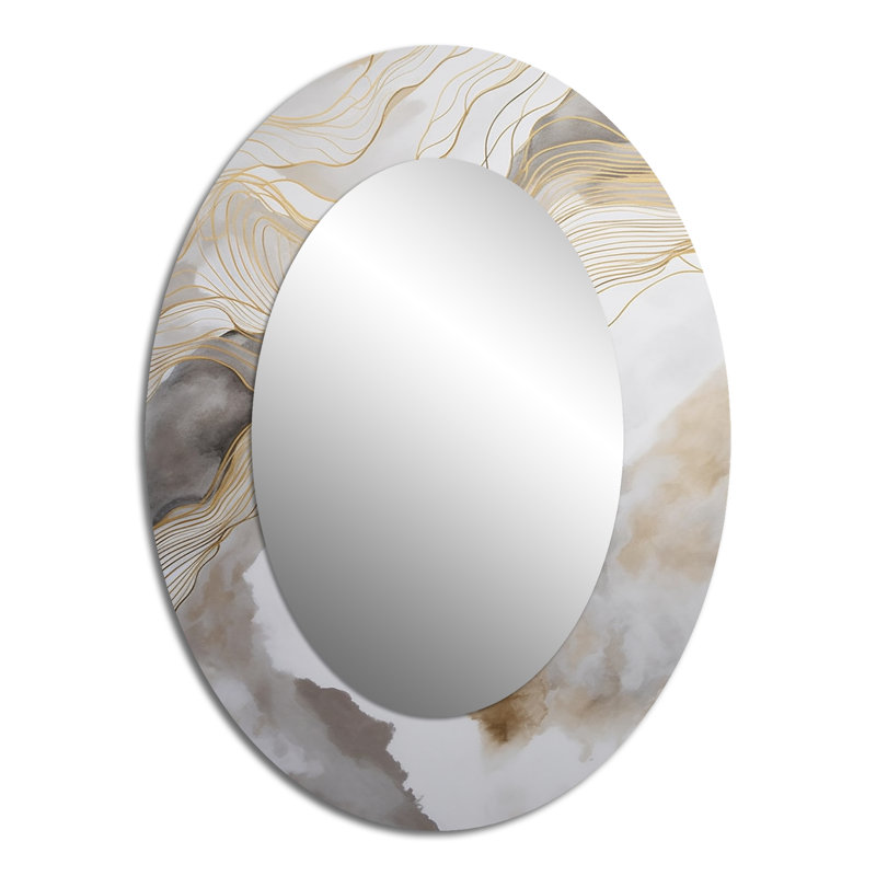 Doré et gris abstrait ligne artistique V - grand miroir mural ovale sur métal, 40 po x 30 po