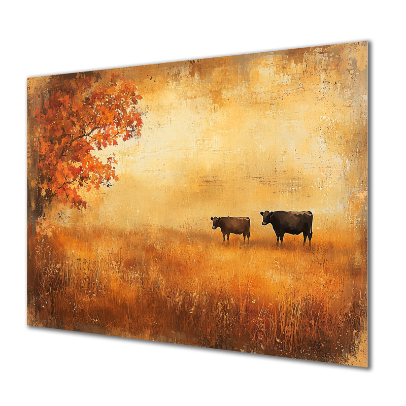 Vaches dans les champs d'automne II - campagne, estampes métalliques, H 30 po x l 40 po