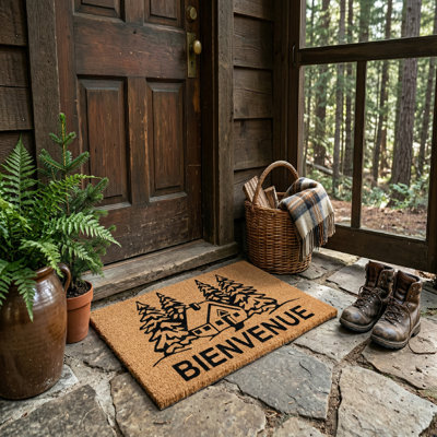 Coir Door Mat Bienvenue - House In The Woods