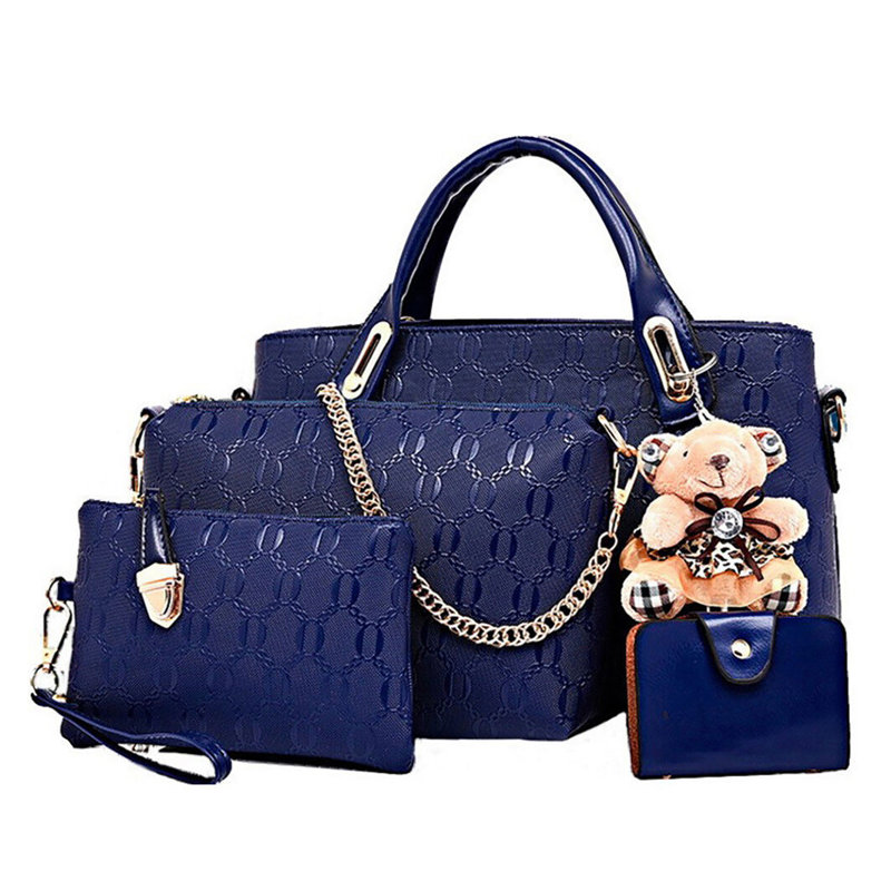 4 pièces / ensemble de sacs à main en cuir pour femme, Bleu