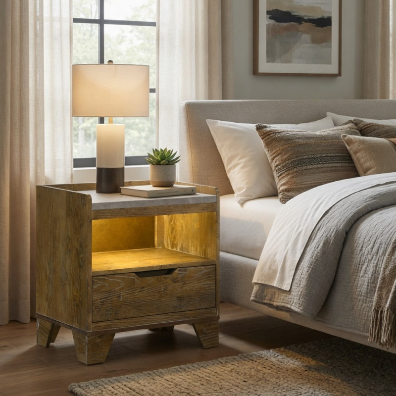 Nolan Nightstand With LED Cubby, Drawer And Marble Top, Brown Wood