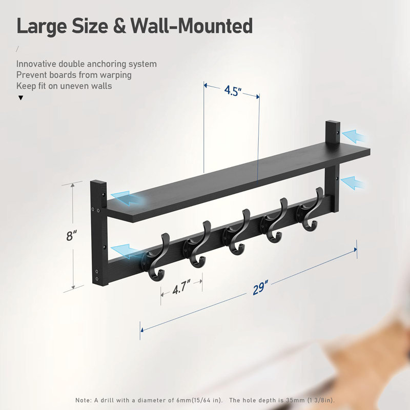 29'' Coat Rack Wall Mount with Shelf, Black