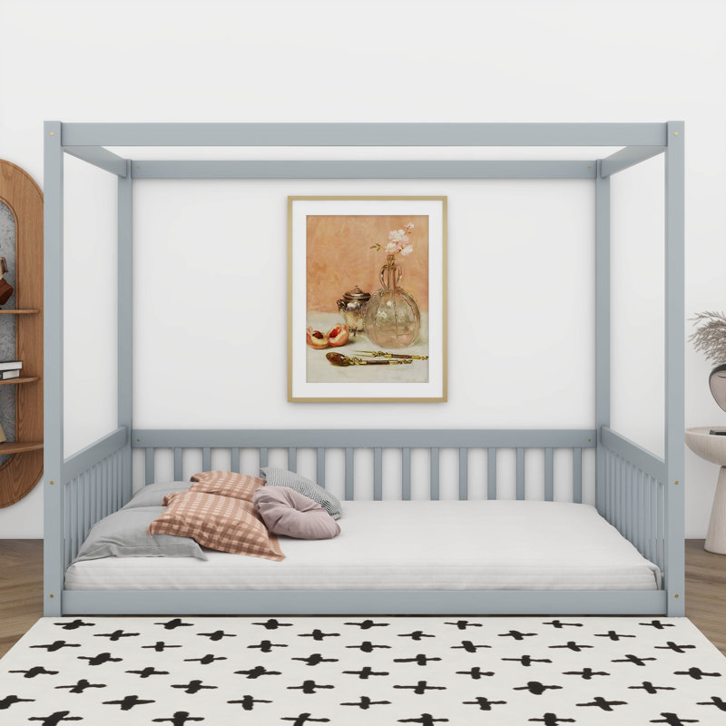 Lit à baldaquin avec barrières de sécurité, cadre et clôture en bois d'hévéa, lit cabane pour enfants favorisant l'imagination.