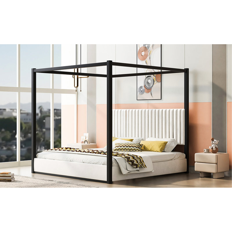 Lit plateforme à baldaquin blanc de très grande taille avec tête de lit tapissier et structure en métal - 4 affiches décoratives, finition en velours doux, tête de lit facile à assembler, chambre à coucher