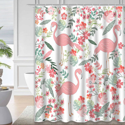 Vintage Blue Pink Floral Flamingo Botanical Shower Curtain with 12 Hooks