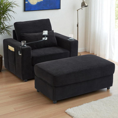 Upholstered Armchair With Storage Ottoman & USB Ports