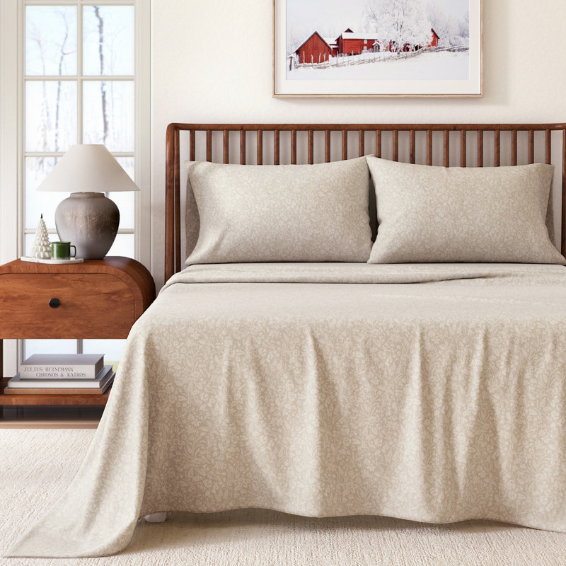 Ensemble de draps 100% flanelle de coton, Ensemble de draps pour grand lit avec 2 taies d'or, Motif floral à pétales givrées
