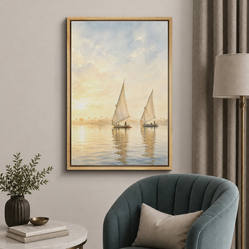 Voiliers dorés sur une eau tranquille, art de salon, impression sur toile encadrée, H 36 po x l 24 po x P 1,5 po