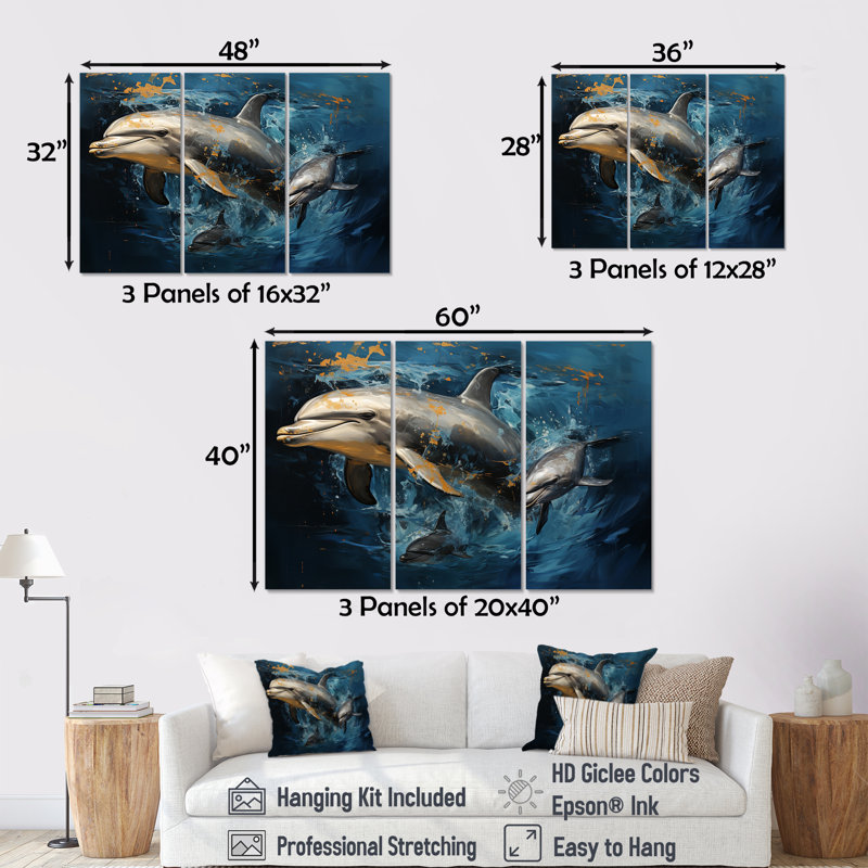 Blue Dancing Dolphins IV - Animals Dolphin Wall Art, 28" H x 36" W