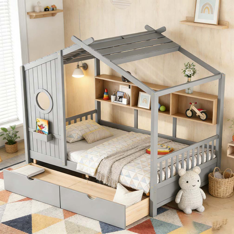 Lit en bois avec 2 tiroirs, Lit double, Gris