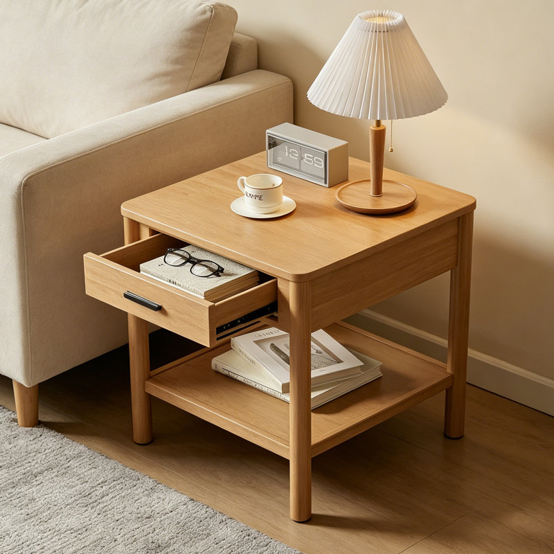Solid Wood Frame Side Table with Drawer and Shelf for Living Room Bedroom Small Spaces