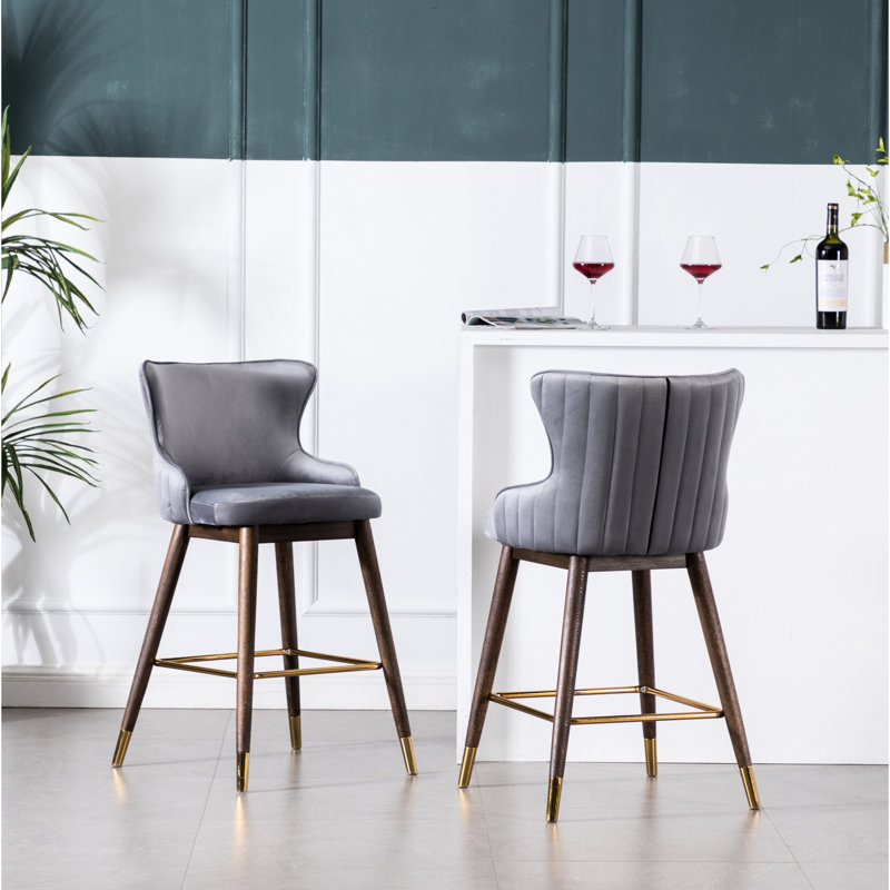 Tabourets à oreilles à hauteur de comptoir gris rembourrés, mousse épaisse rembourrée avec des pieds, 2 tabourets gris, tissu et rembourrage, design élégant