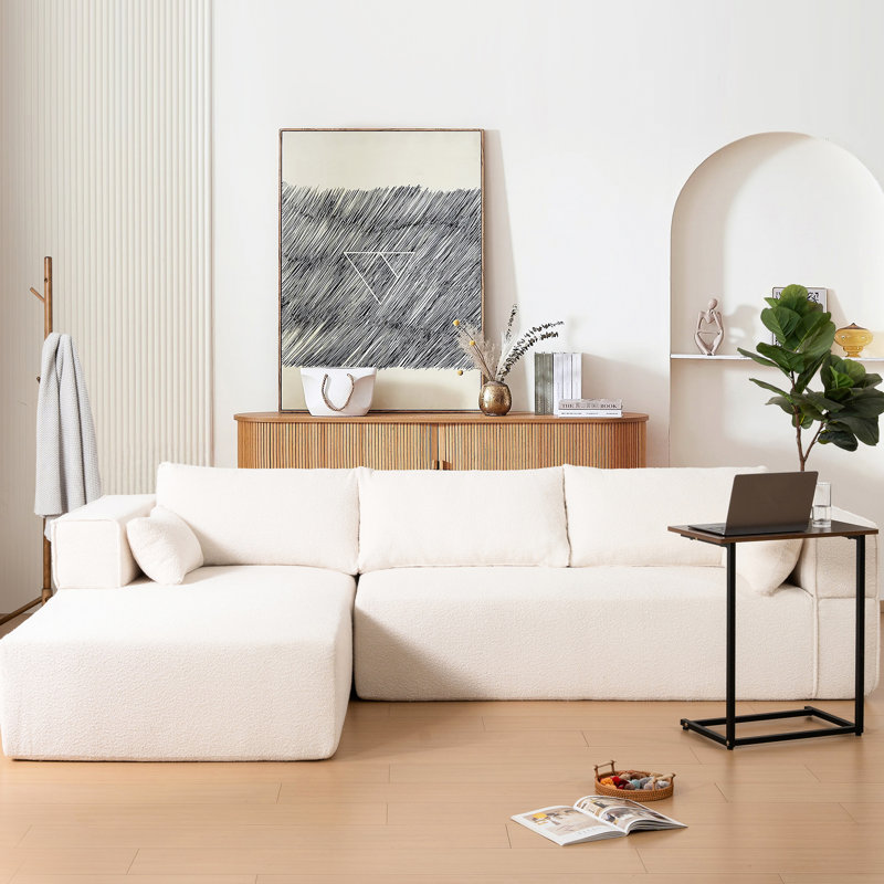 L-Shaped For Living Room, 112" Modular Sectional, Side Table & Pillows, Boucle Fabric, No Assembly, Wide Seat Couch Room Furniture Sectional Couch, With Table, Assembly