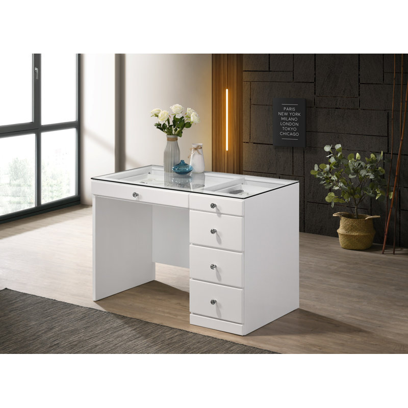 1pc Glam Makeup Vanity Table Glass Top 5 Drawers Crystal Knobs White Wooden Bedroom Furniture White, White