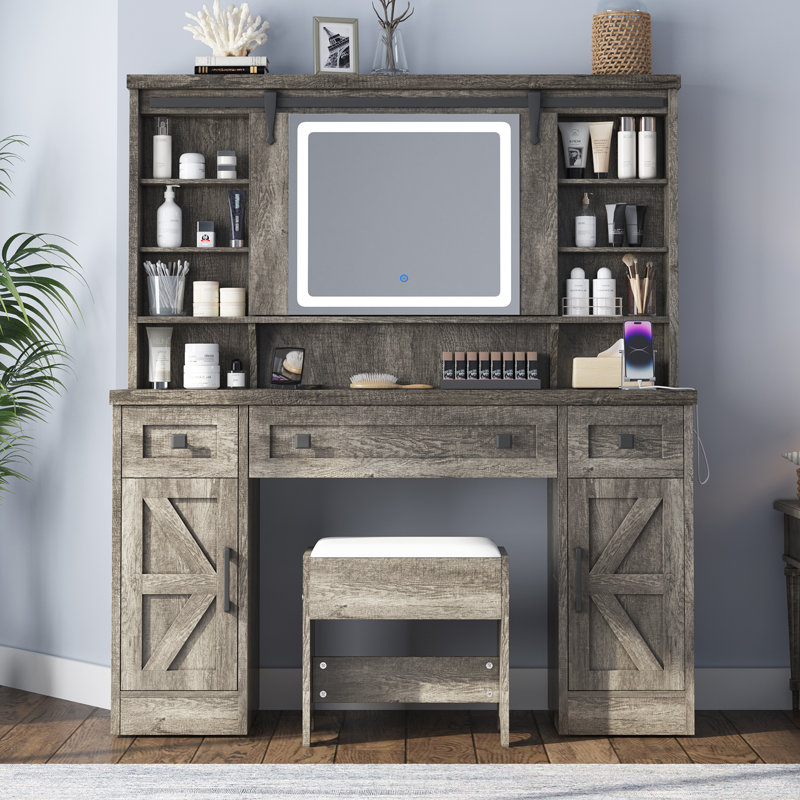 Chimira Farmhouse Makeup Vanity Desk with Sliding Mirror, Gray, Gray
