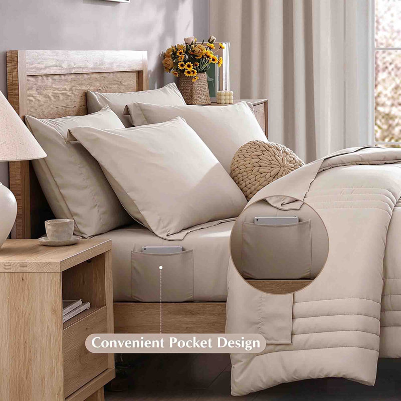 Ensemble de literie pour grand lit 7 pièces toutes saisons 7 pièces, Beige abricot, Lit double