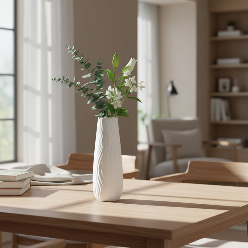 White Ceramic Artistic Flower Vase - 8.4"H | Classic Home Decor for Centerpieces/Desk (Dried/Fresh/Artificial Flowers)