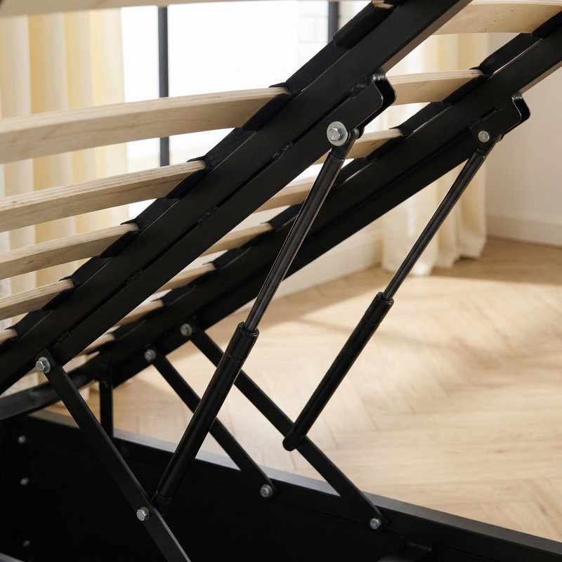 Très grand lit à rayures verticales fonctionnel avec rangement à gaz - Luxueux lit rembourré en fourrure de lapin pour chambres douillettes et organisées