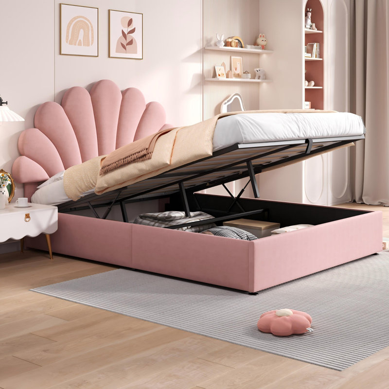 Double Size Ottoman Bed Velvet, Double (4'6), Pink
