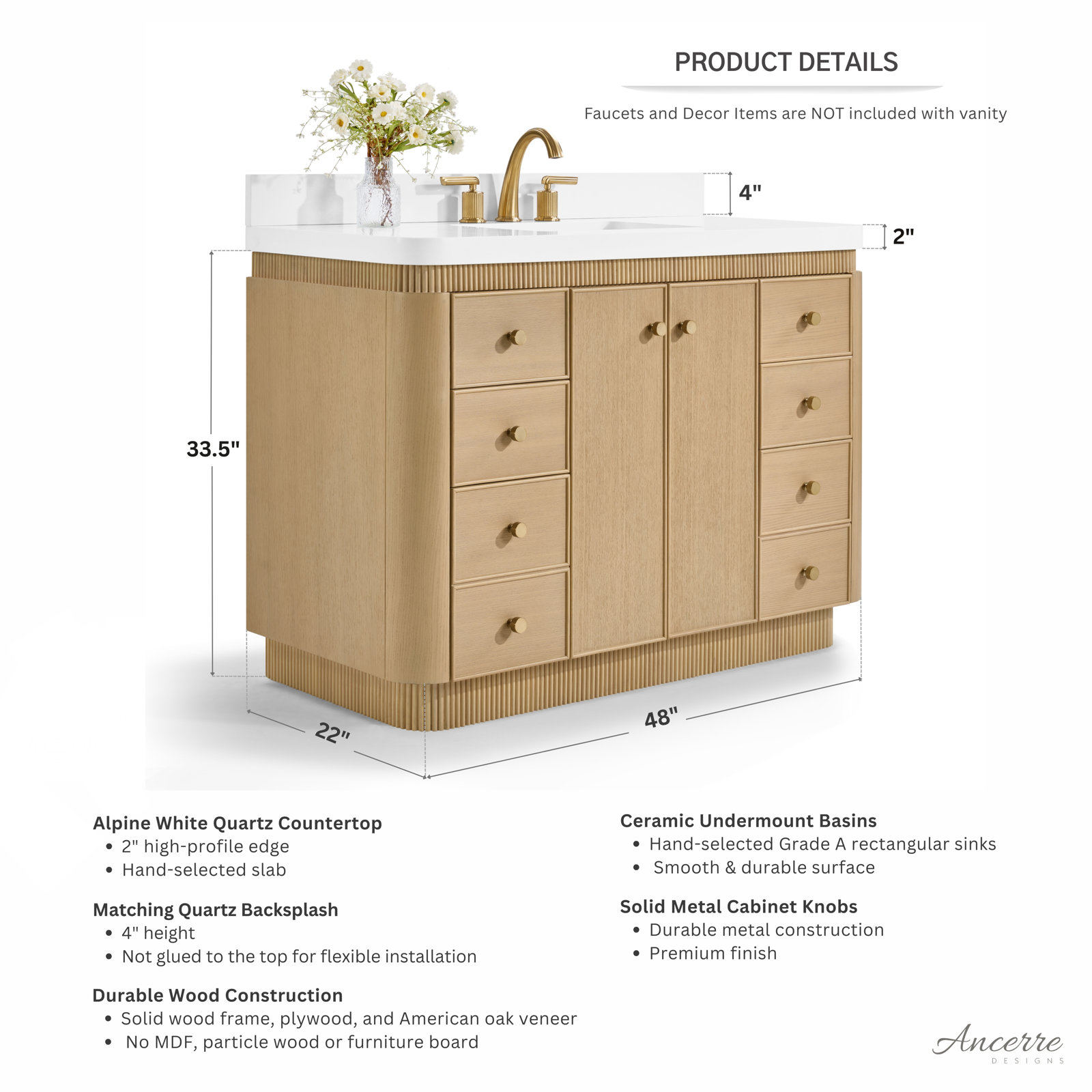Aston Oak Single Bathroom Vanity, Natural Oak, 48 inch