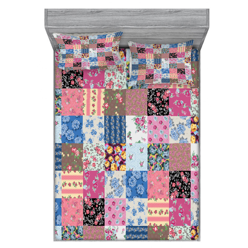 Microfiber Patchwork Sheet Set, Twin Sheet Set + Fitted Sheet + 2 Pillowcases, Pink Patchwork