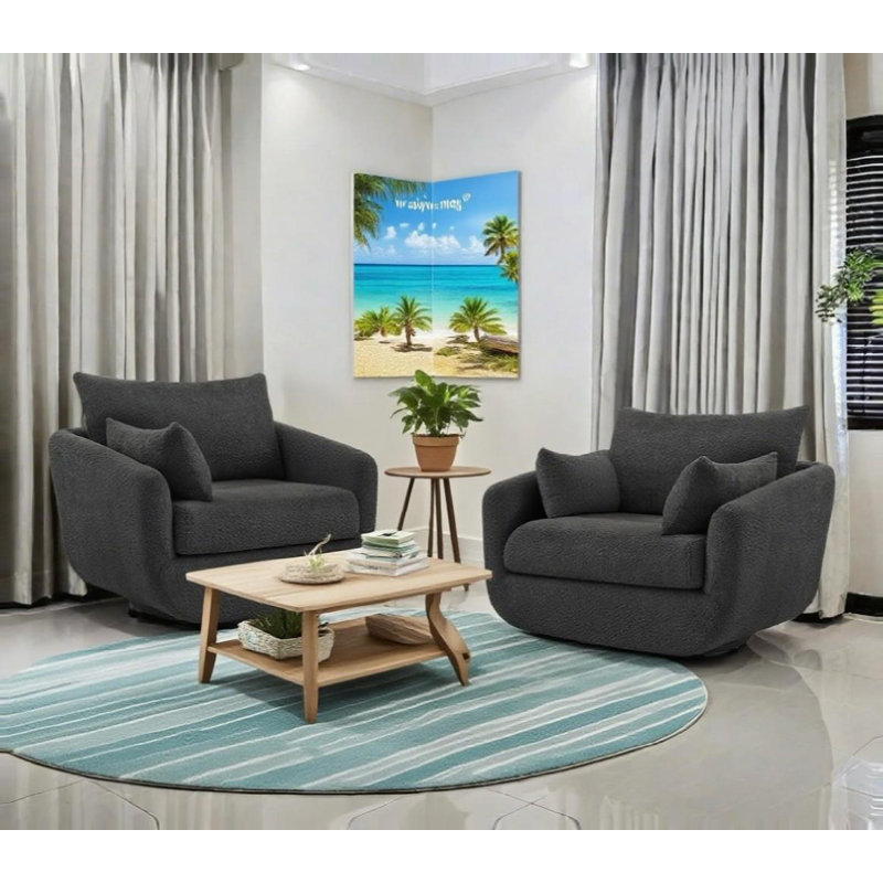 Boucle Swivel Armchairs Set Of 2, Modern Deep Seating Lounge Chairs With Accent Pillows, Dark Gray 