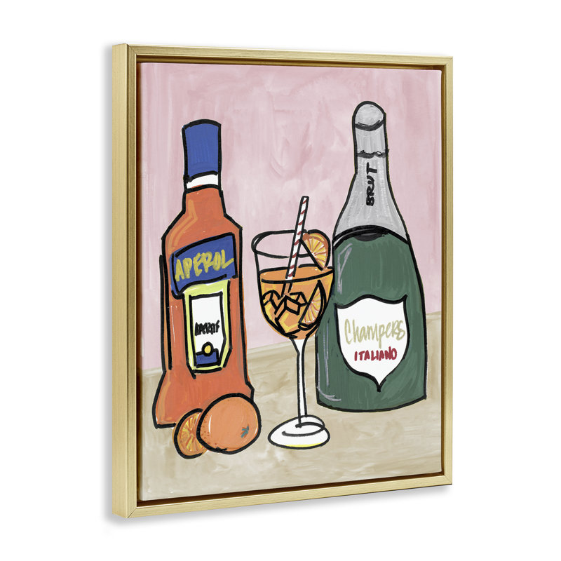 Cadre flottant Aperol and Champagne, design par NOLA James, H 31 po x l 25 po, Cadre flottant métallique doré