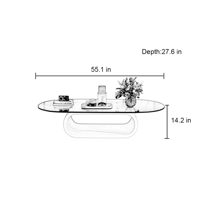 Simple light luxury oval glass coffee table, 14.2" H x 51.1" L x 27.6" W