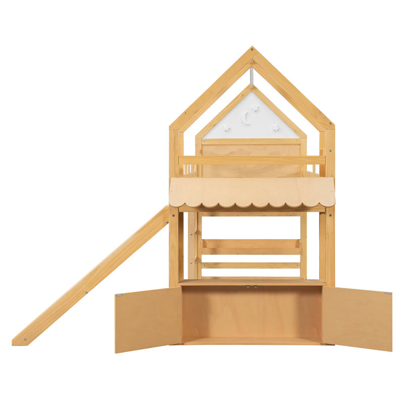 Lit mezzanine double avec glissade et rangement, couleur naturelle, Natural
