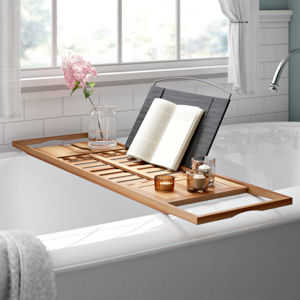 Bath Caddy Umbra Aquala, Bamboo And Chrome Extendable Bathtub Tray