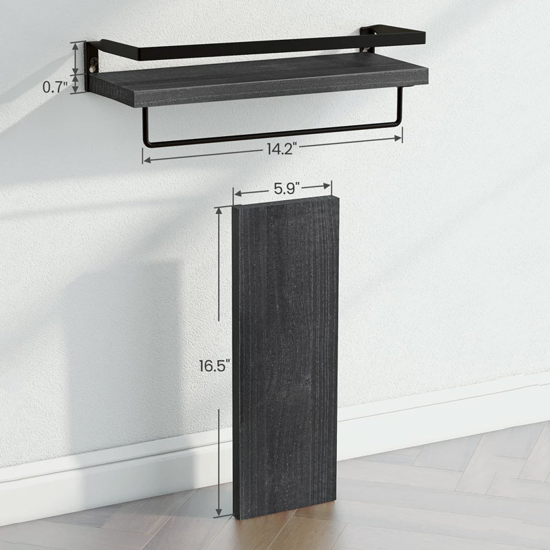 2 Piece Floating Shelf with Towel Bar, Black