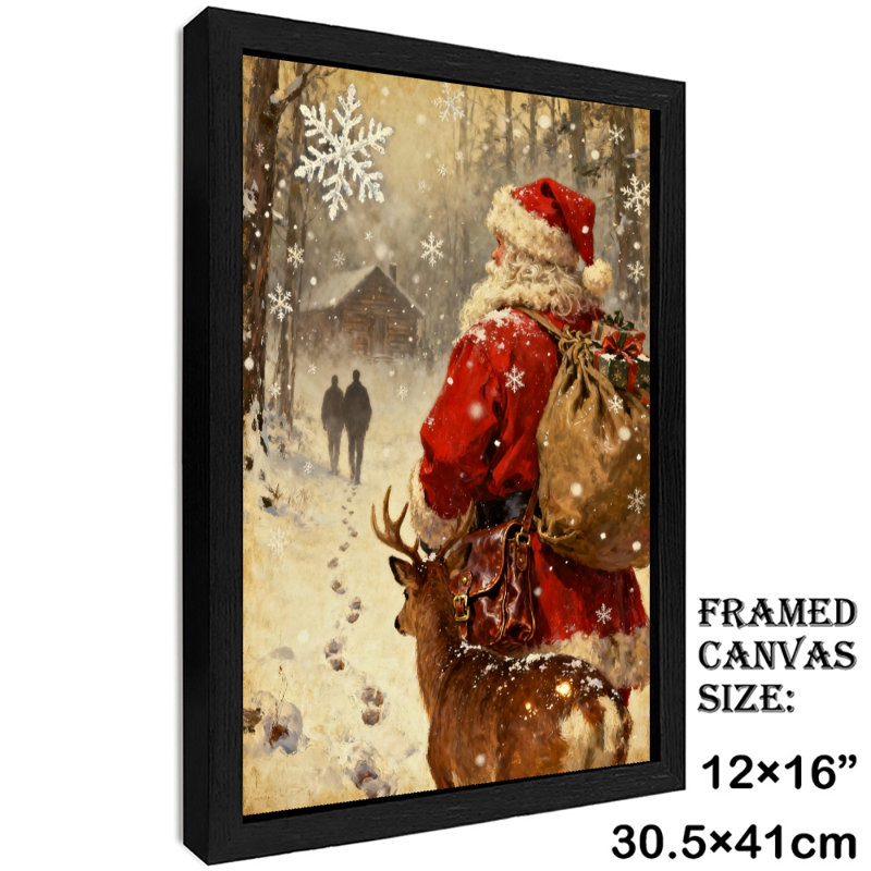 Père Noël rétro noir encadré avec art mural de style rétro, H 17 po x l 13 po