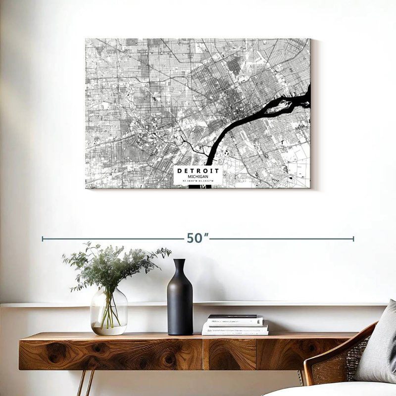 Aliaz White Urban Detroit Map, 24" H x 36" W