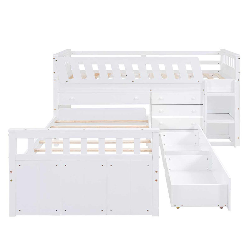 Lit mezzanine simple en L et lit plateforme simple à 7 tiroirs en forme de L, Blanc