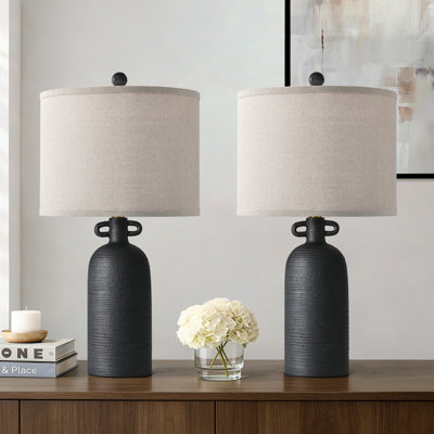 Ensemble de lampes de table en céramique à intensité variable H 24 "avec abat-jour tambour en lin Anazagene (ensemble de 2)