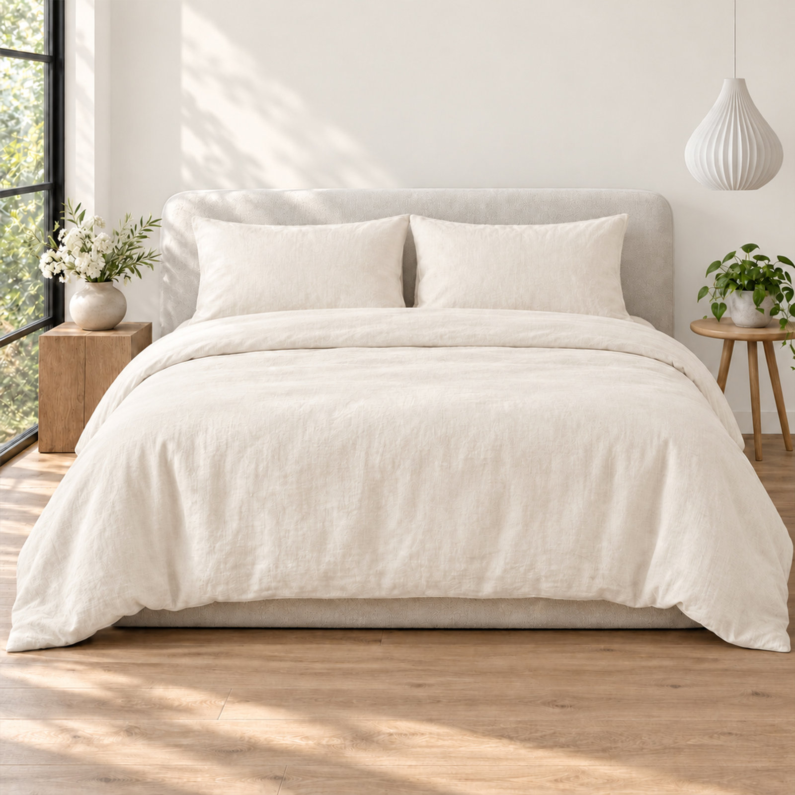 100% Flax Linen Solid Duvet Cover Set with Pillow Shams, King, Eggnog