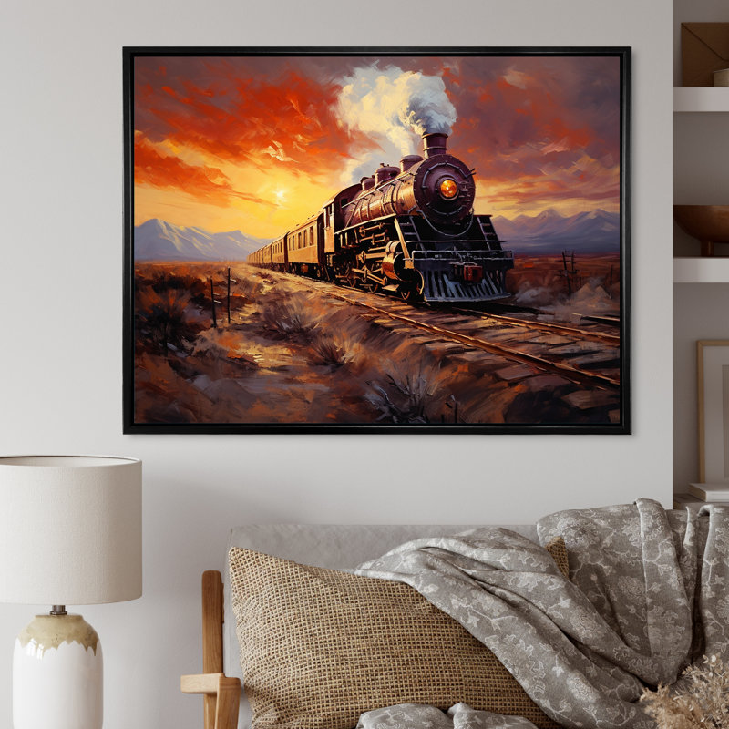 Impression sur toile, "Steamtrain Travelling Sunset Landscape I", H 34 po x l 44 po x P 1,5 po, Cadre flottant noir
