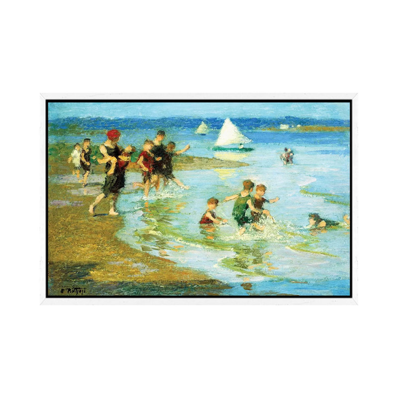 Children At Play On The Beach, by Edward Henry Potthast - Painting on Canvas, White Framed, 66.04cm H x 101.6cm W x 3.81cm D