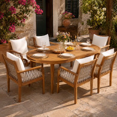 Ensemble de salle à manger d'extérieur en bois d'acacia 7 pièces Solviera avec fauteuils en corde tissée, chaises de patio rembourrées et table de salle à manger en teck