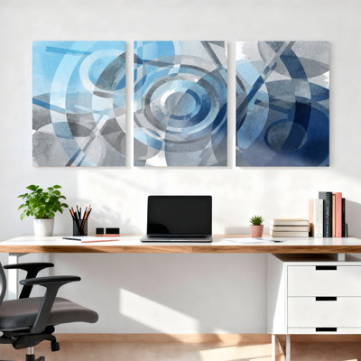 Abstract Blue And Gray Geometric Pattern Canvas Wrapped Wall Art Oil Painting Print Set Of 3 For Living Room Bedroom Or Office Decor