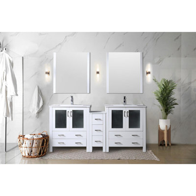 White Double Bathroom Vanity Of 72 In. Width With Side Cabinets, Single Hole Faucet, And 28 Mirrors - Lasting Performance Wide Ceramic