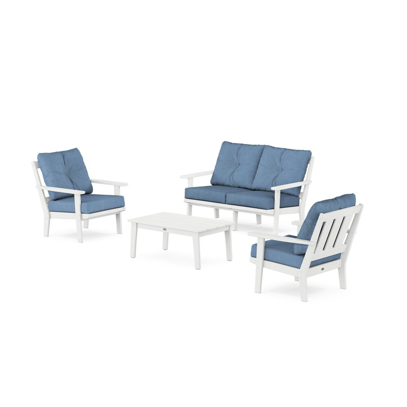 Ensemble de conversation avec canapé et coussins 4 pièces Oxford, Bleu ciel, Blanc