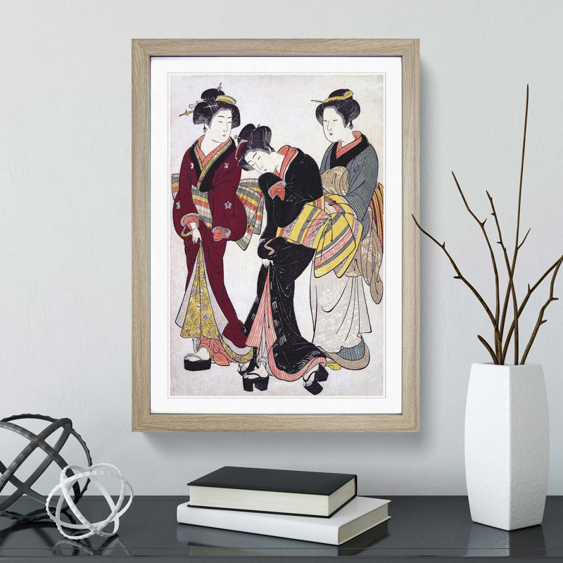Two Geishas and a Maid by Kitao Shigemasa - Picture Frame Painting Print, Oak Framed, 48cm H x 36cm W x 2cm D