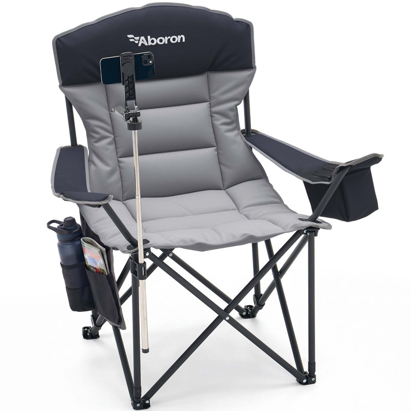 Frameless Stadium Chair, XXL Oversized Padded Folding Chair with Phone Holder, Cooler Bag & Side Pocket, Gray
