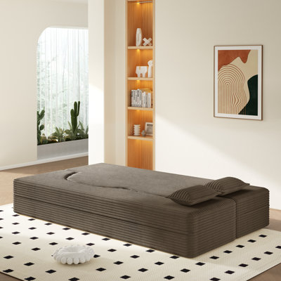 Modern Floor Sofa with 2 Pillows, Convertible Corduroy Fabric Foam-Filled Sleeper Sofa Bed, Twin Size Folding Mattress for Living Room, Guest Bed, No Assembly Required, Coffee