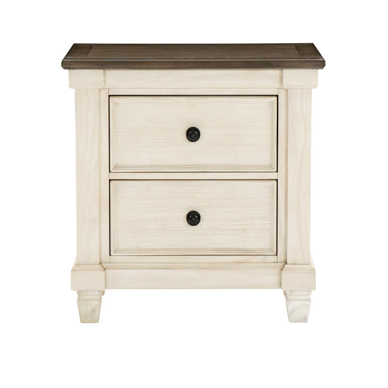 Table de chevet transitionnelle de style rustique 1 pièce avec 2 tiroirs blanc antique et brun rosé