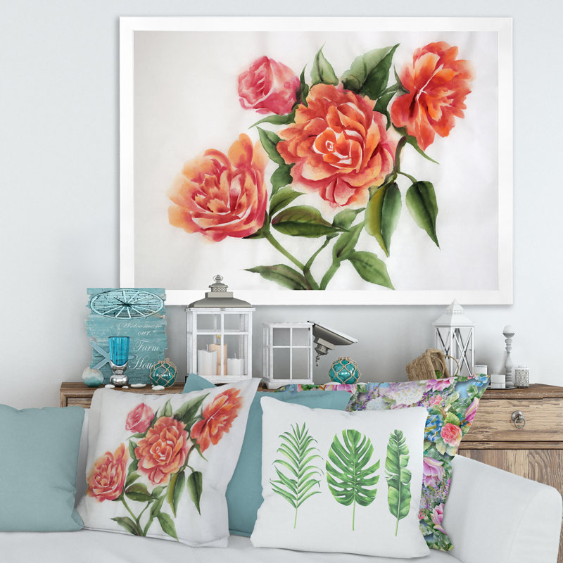 Orange Orange Roses - peinture sur toile, H 30 po x l 40 po x 1,5 po, Cadre blanc
