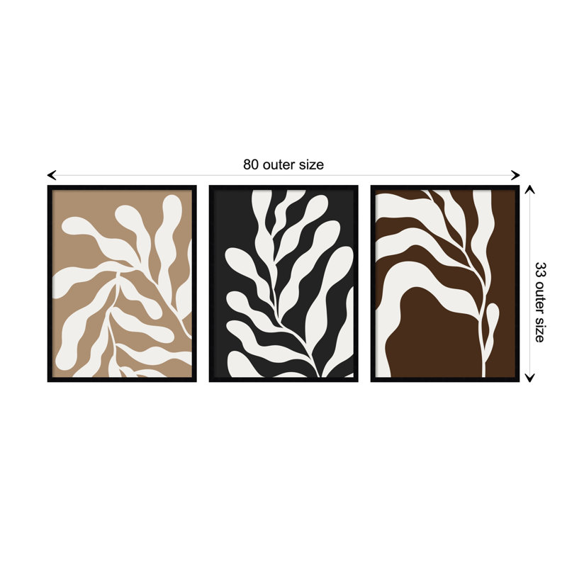 Retro Matisse Inspired Abstract Botanical - 3 Pieces by Erminia, 80" W x 33" H, Black